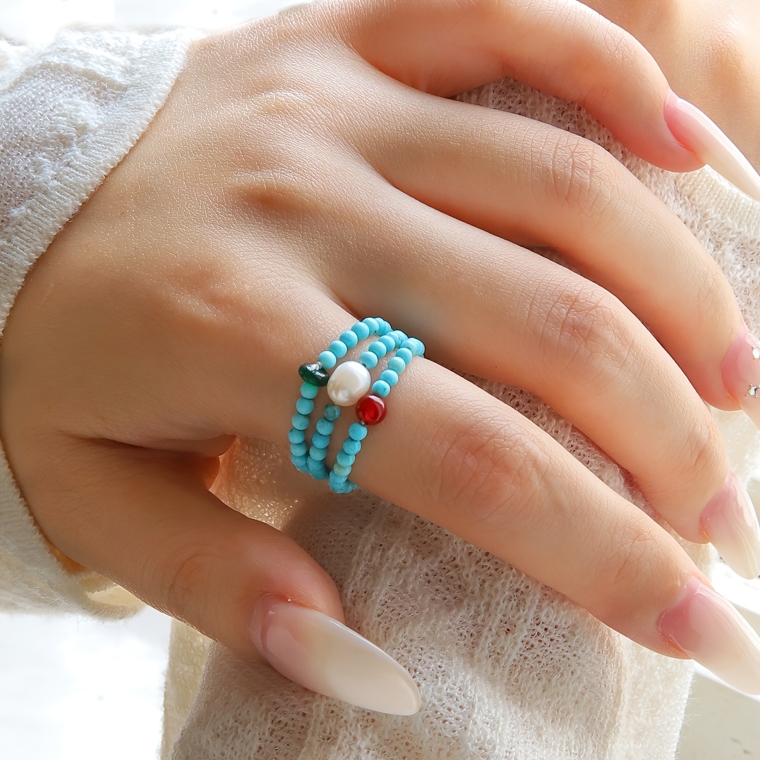 3pc Turquoise Blue Bead Stretch Rings Set for Women